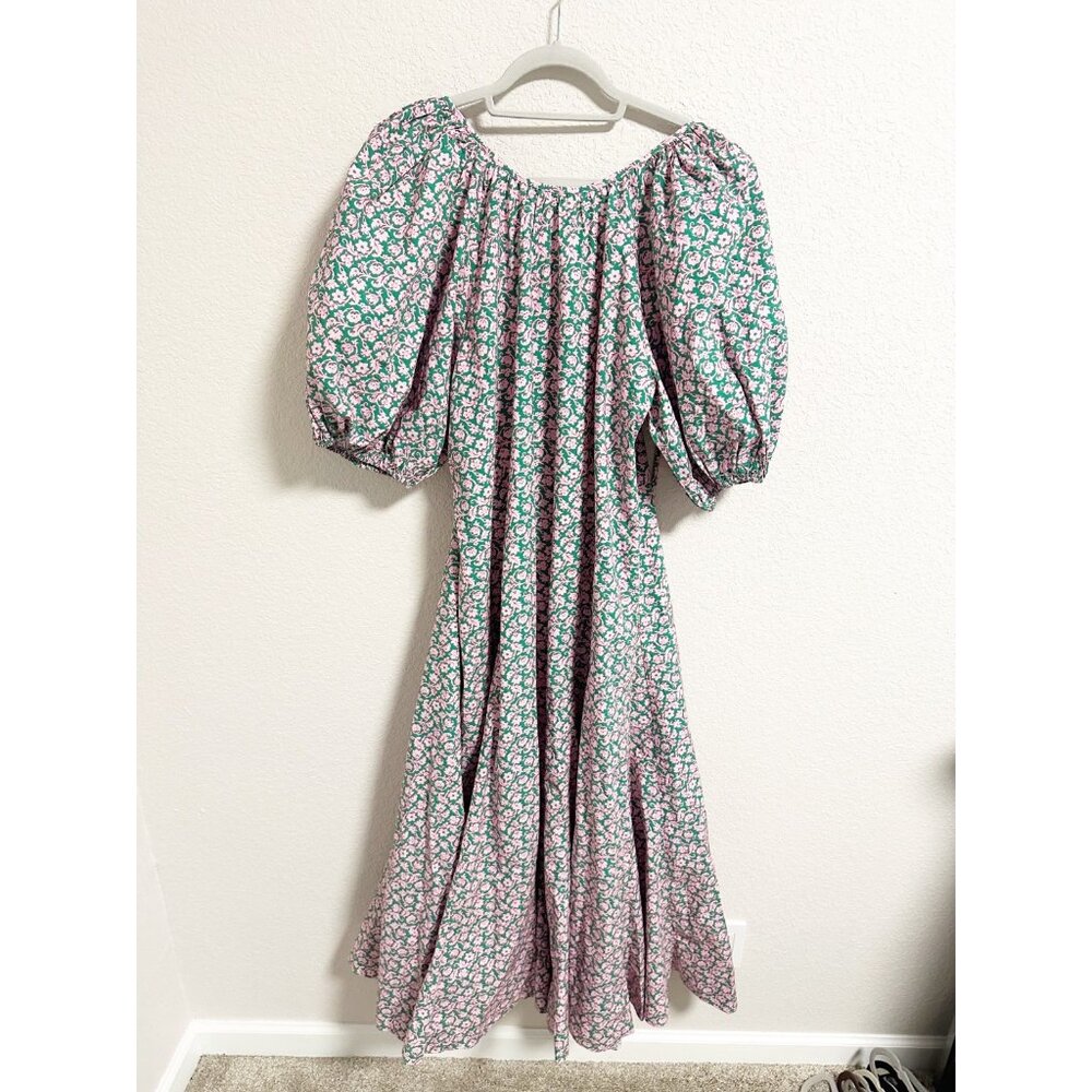 Rhode Off The Shoulder Puff Sleeve Open Back Tassel Tie Floral Midi Dress XL